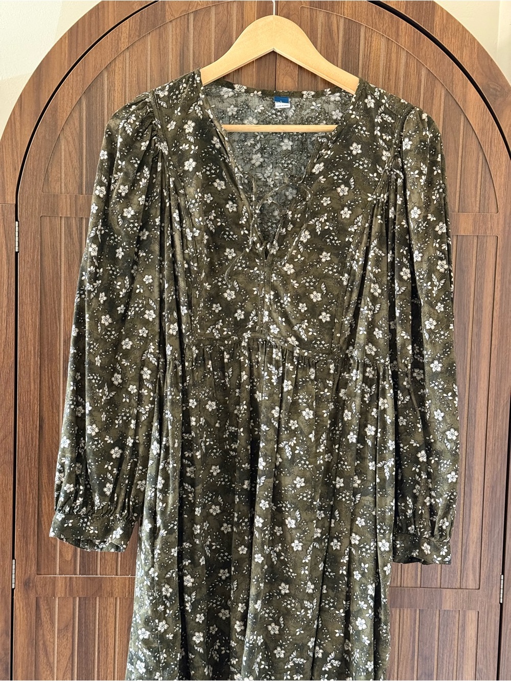Old Navy Olive Green Floral Dress with White Print